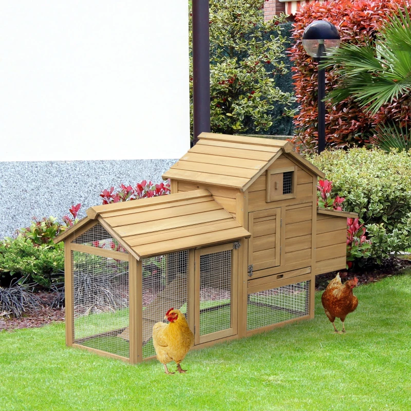 PawHut Small Chicken Coop with Run Hen House Poultry Nesting Box Natural150.5 x 54 x 87cm