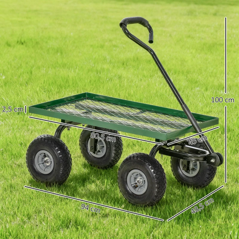 Outsunny Carro de Transporte com Pega Revestida e 4 Rodas Grandes de Ø24 cm Carrinho de Jardim em Aço 94x48,5x100 cm Preto e Verde