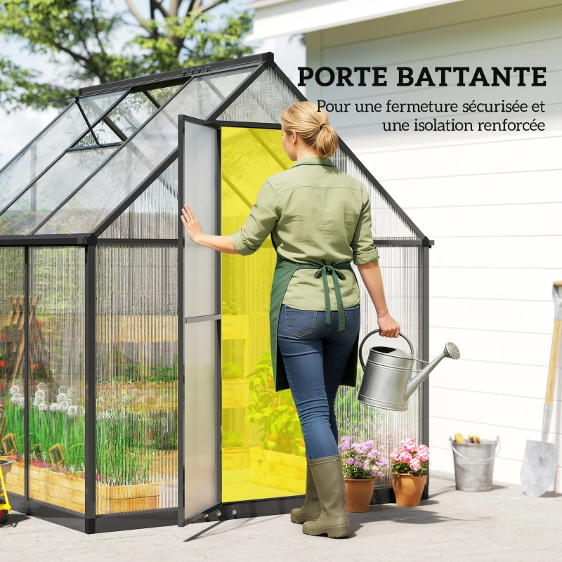 Outsunny Serre de jardin en aluminium polycarbonate, serre avec fenêtre réglable porte battante résistant intempéries transparent