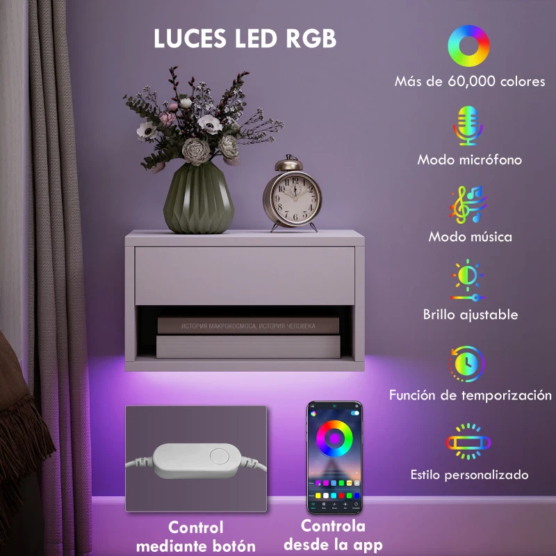 HOMCOM Juego de 2 Mesitas de Noche Flotantes con Luces LED RGB Control de APP Cajón Estante Abierto 37x32x21 cm Blanco