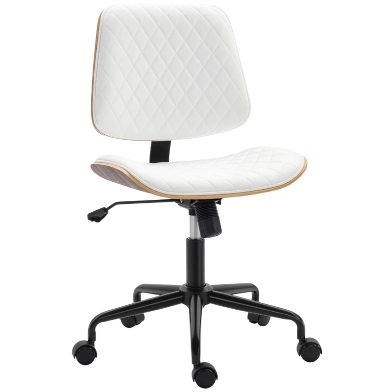 HOMCOM Silla de Escritorio sin Brazos Giratoria con Respaldo Curvado Asiento Forma U Altura Ajustable Basculante Blanco