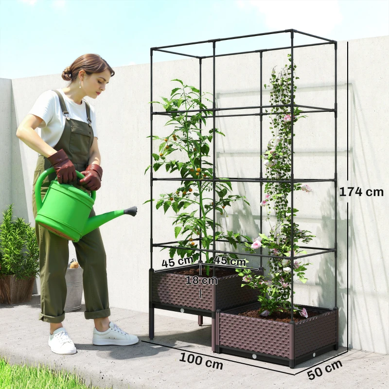 Outsunny Jardinera con Enrejado Metálico para Plantas Trepadoras 2 Macetas de PP con Orificios de Drenaje 100x50x174 cm Negro