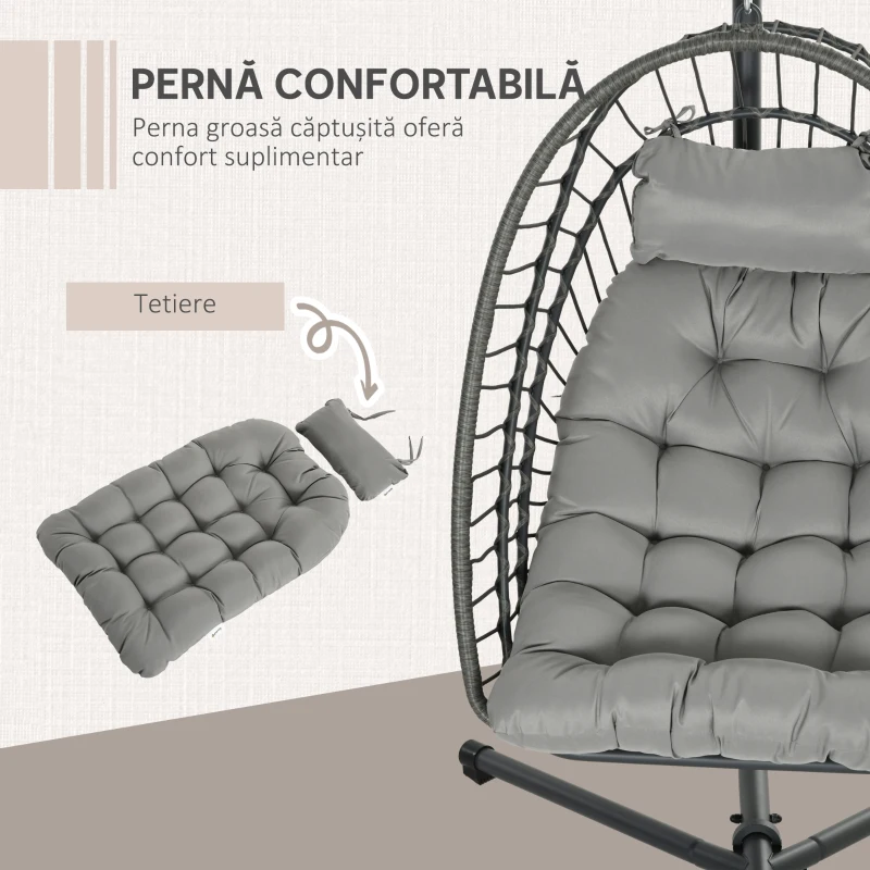 Outsunny Fotoliu Suspendat din Ratan PE cu Pernă, Șezut Pliabil și Cadru din Oțel, Gri