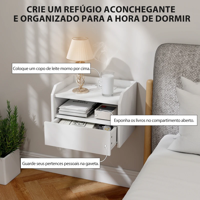 HOMCOM Conjunto de 2 Mesas de Cabeceira Flutuantes com Estação de Carregamento Gaveta Prateleira Aberta Estilo Moderno 40x29x29 cm Branco