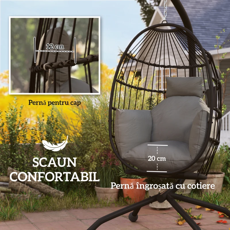Outsunny Scaun Suspendat în Formă de Ou cu Coș Pliabil și Pernă Groasă, 120x88x192 cm, Negru