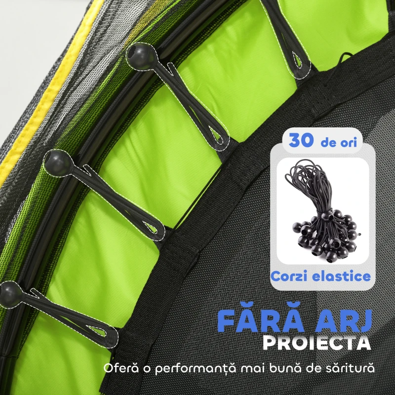 HOMCOM Saltea Elastică pentru Copii 3-6 Ani cu Plasă de Protecție, 6 Stâlpi și 3 Intrări, Ø140x190 cm, Verde