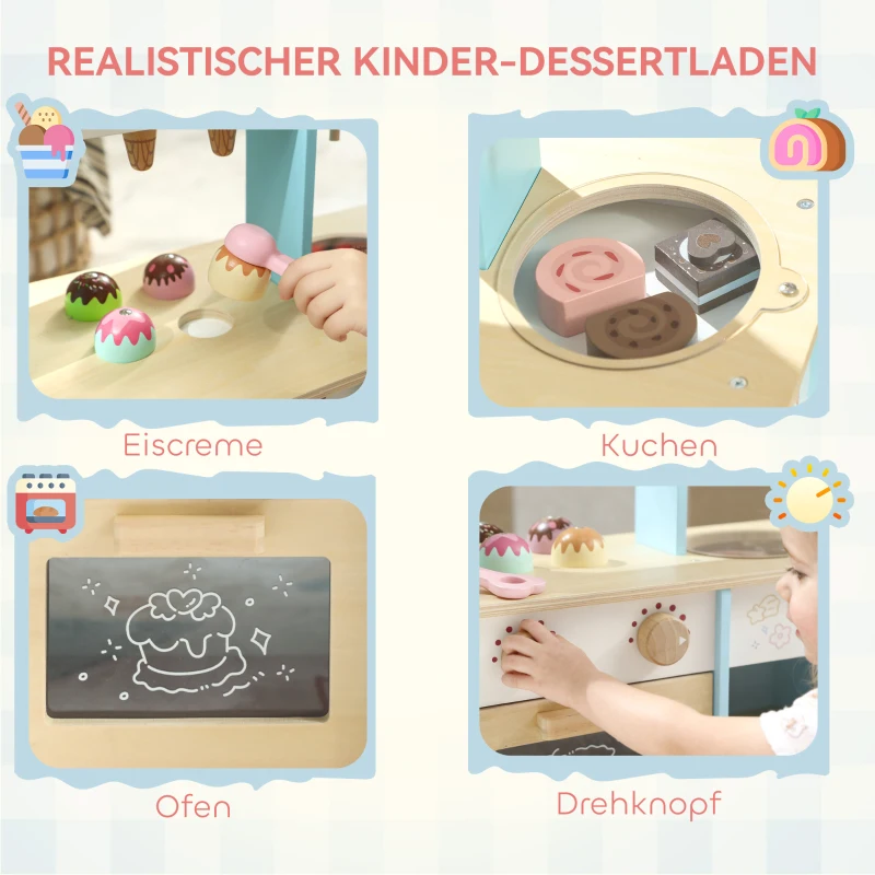 AIYAPLAY Eiswagen für Kinder Eisdiele Kinder 17 Stück Eis Kinderküche mit 17 Zubehörteile, Ofen, MDF, Hellblau