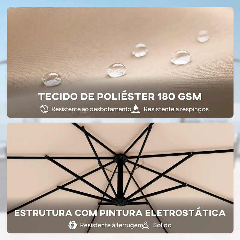 Outsunny Chapéu de Sol Excêntrico Ø300 cm com Base Cruzada Manivela Capa Protetora e Cordas de Vento Cáqui