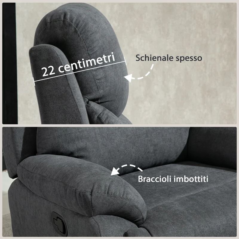 HOMCOM Poltrona Relax Reclinabile Manualmente a 150° con Poggiapiedi in Tessuto, 93x88x102cm, Grigio Scuro