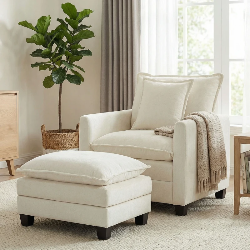 HOMCOM Wohnzimmersessel mit Fußhocker, 1-Sitzer Sofa aus Chenille, breite Sitzfläche, doppellagige Polsterung, 85x128x86cm, Creme