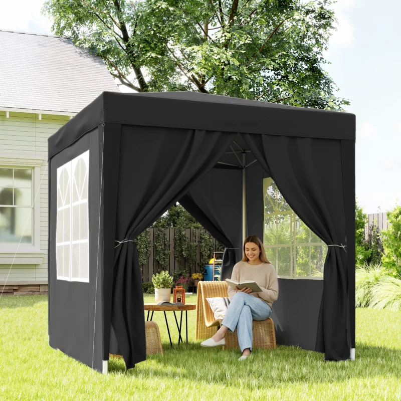 Outsunny 2 x 2 m Garden Pop Up Gazebo, Wedding Party Tent Marquee, Water Resistant Awning Canopy with Sidewalls, Windows, Carry Bag, Black(m-12)