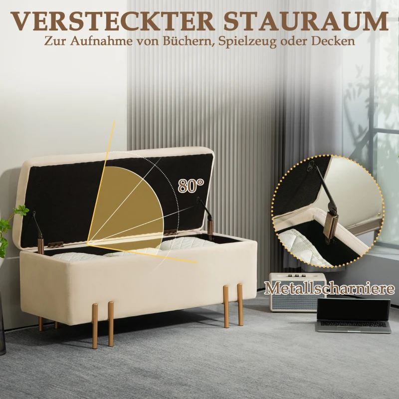 HOMCOM Polsterbank mit Stauraum, Truhenbank, Schaumstoff, Metall, Kautschukholz, 100 x 40 x 42 cm, Beige(m-4)