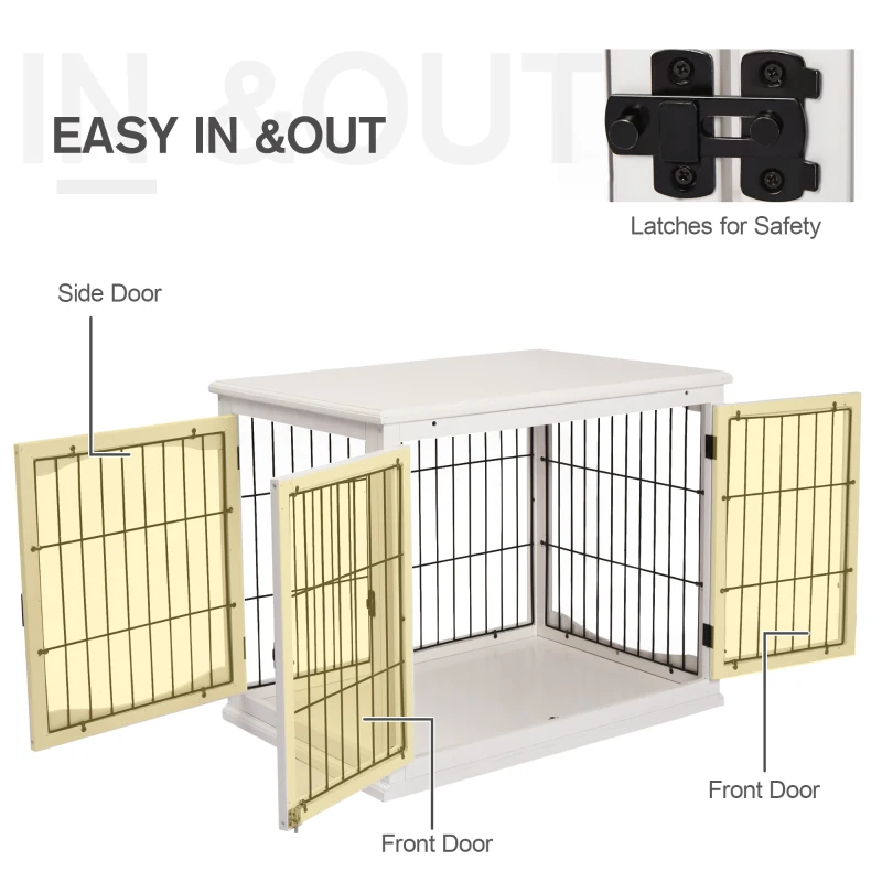 PawHut Dog Crate, Furniture Style Puppy Cage End Table, Pet Kennel House with 3 Doors, White 81 x 58.5 x 66 cm