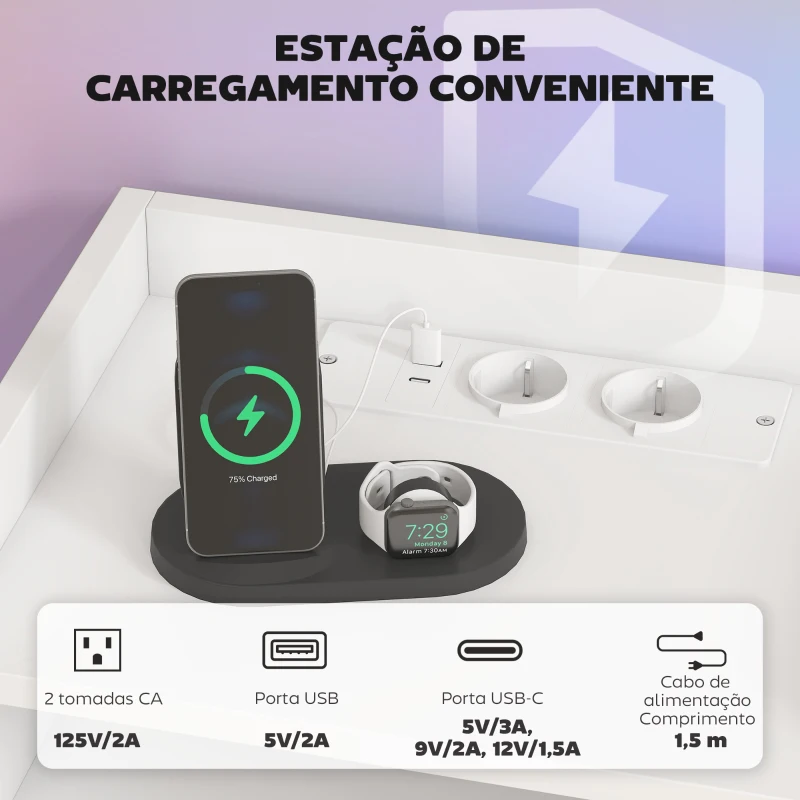 HOMCOM Conjunto de 2 Mesas de Cabeceira Flutuantes com Estação de Carregamento Gaveta Prateleira Aberta Estilo Moderno 40x29x29 cm Branco