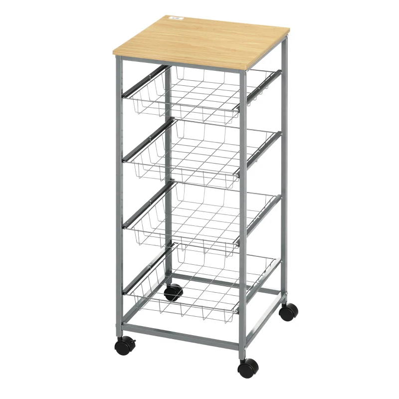 HOMCOM Küchenwagen Rollwagen mit 4 Ebenen Küchenregal mit Metallkörben, Allzweckwagen auf Rollen, Aufbewahrungswagen für Küche Bad Büro Wohnzimmer Silber