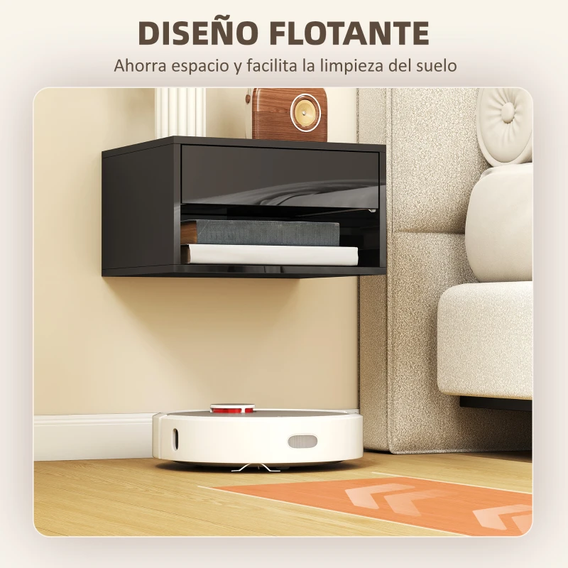 HOMCOM Juego de 2 Mesitas de Noche Flotantes Mesillas de Noche con Cajón para Dormitorio 37x32x21 cm Negro Brillo