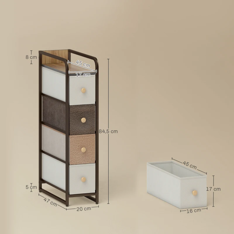 HOMCOM Kommode Schrank mit 4 Schubladen aus Vliesstoff Aufbewahrungsschrank mit Stahlrahmen, 20 x 47 x 84,5 cm, Mehrfarbig