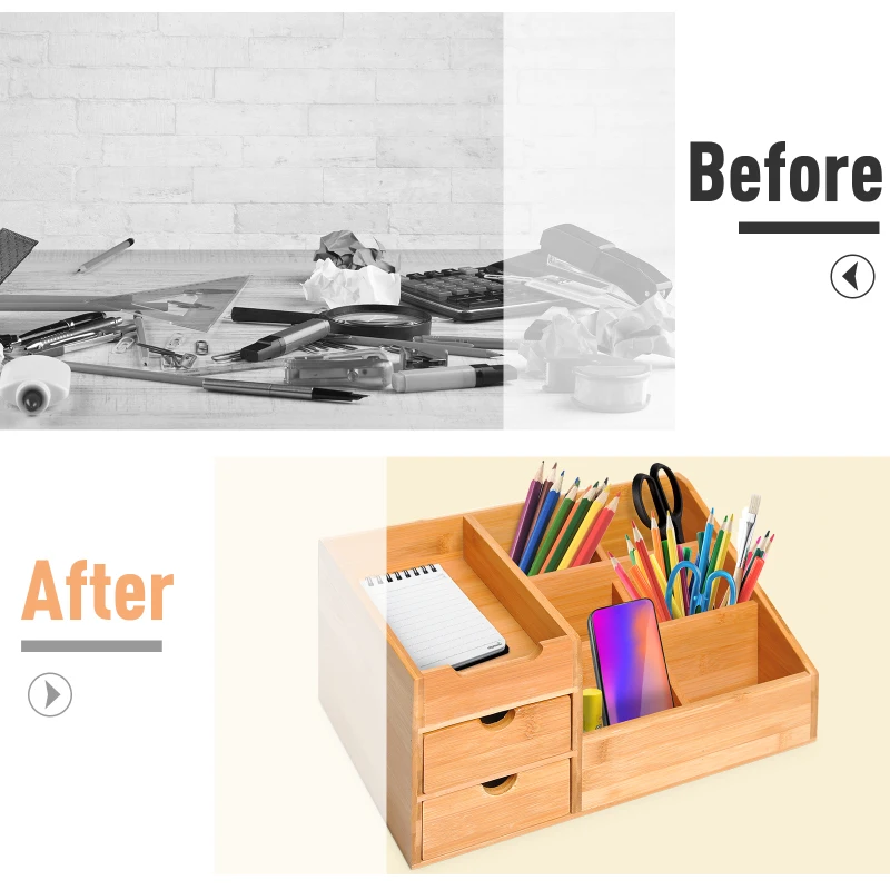 HOMCOM Organiser Holder Multi-Function Storage Caddy Drawers Home Office Stationary Supplies 7 Storage Compartments and 2 Drawers Natural Bamboo