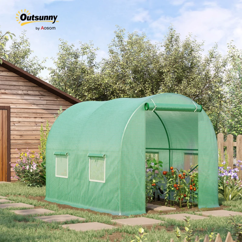 Outsunny Reinforced Walk in Polytunnel Greenhouse with Roll Up Door, Galvanised Steel Frame and Zipped Door Windows, 2.5 x 2 m