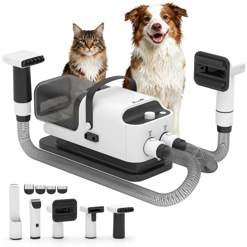 PawHut Aspirateur poil de chien et séchoir 5-en-1 kit toilettage chien professionnel 12kPa  50dB 37,6x17,5x18,5cm blanc