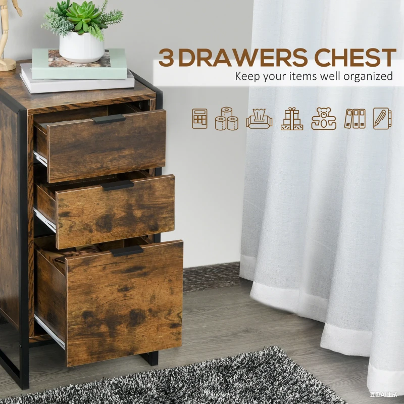 HOMCOM Chest of Drawers, 3-Drawer Dresser, Industrial Storage Drawer Unit with Metal Frame for Bedroom, Living Room, Rustic Brown