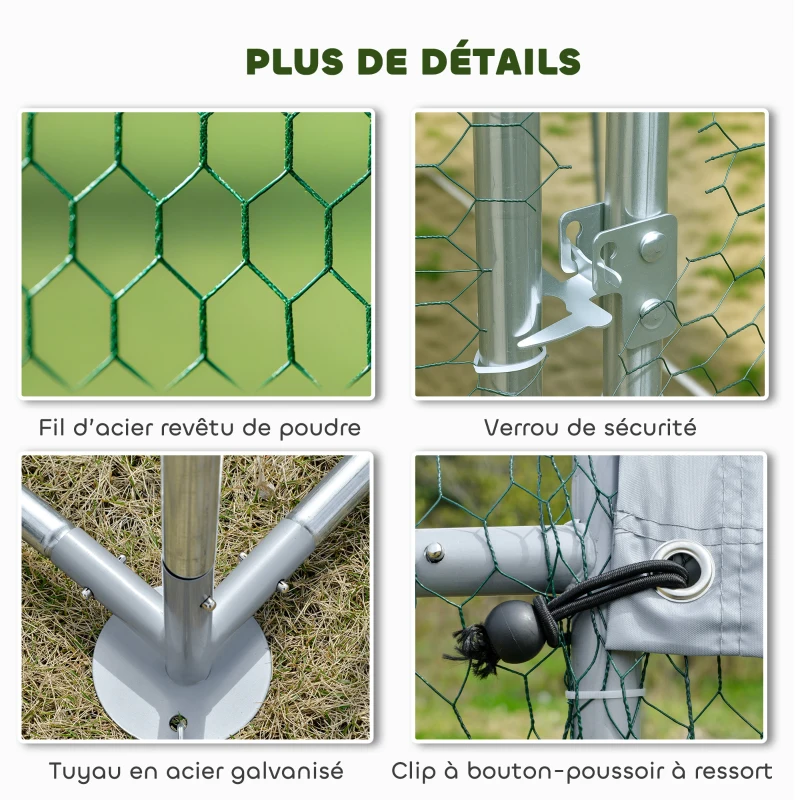 PawHut Enclos poulailler extérieur 4 m², parc grillagé - acier galvanisé Ø19mm - bâche Oxford 420D anti-UV 200x200x200cm argent