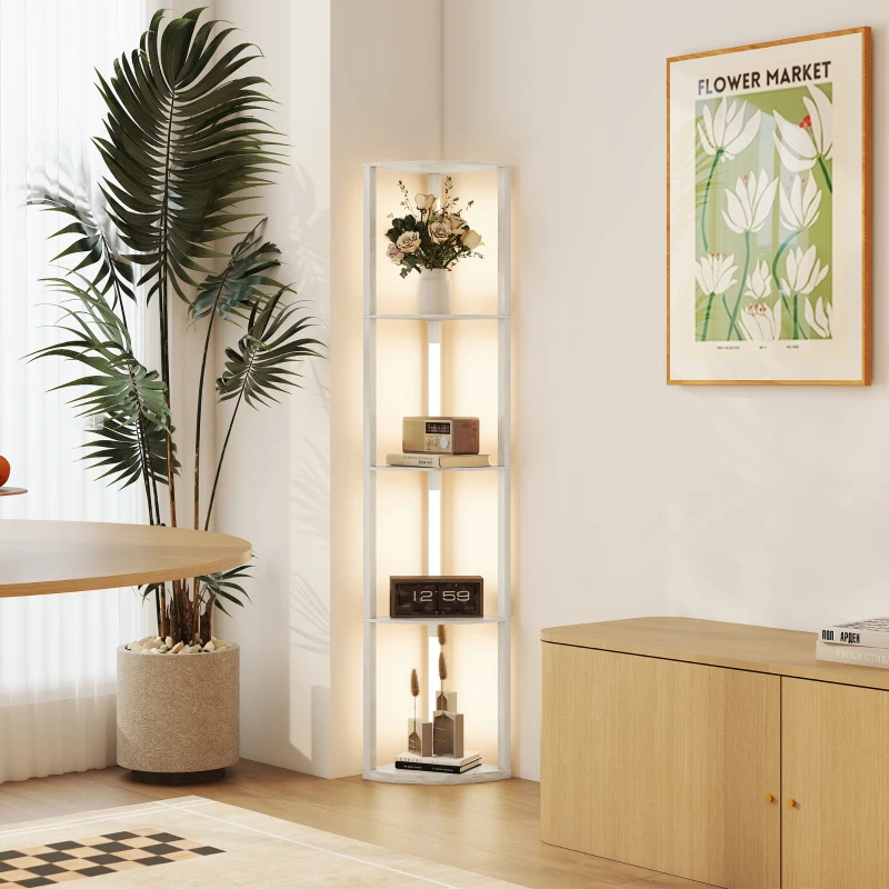 HOMCOM LED Standleuchte, Eckregal, dimmbar, 4 Ablagen, warmweißes Licht, 41x30x164cm, Eiche