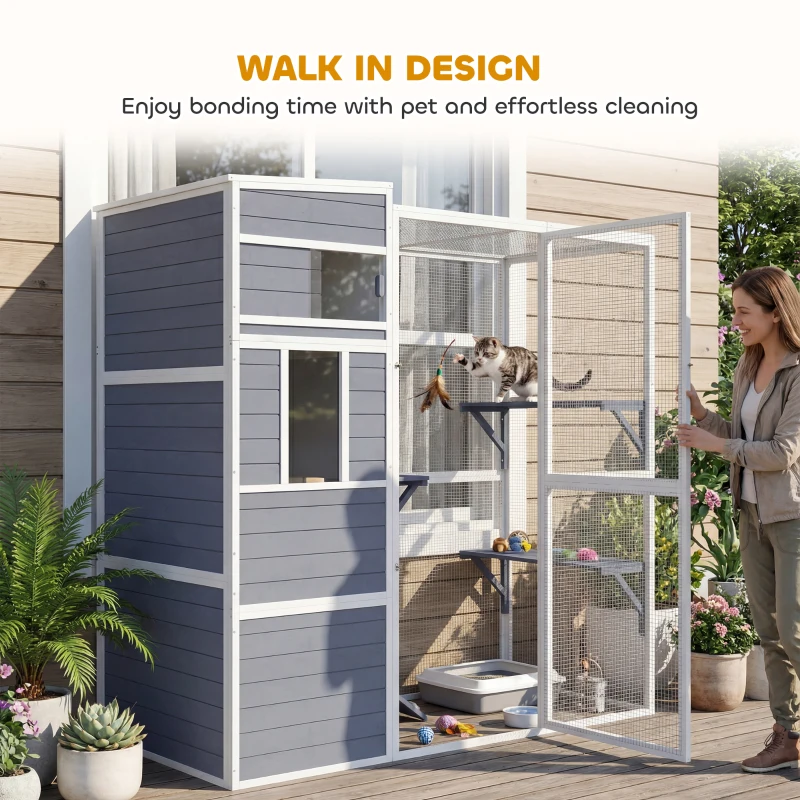 PawHut 4-Tier Wooden Catio Cat Outdoor Enclosure with Sun Roof, Resting Rooms, 3 Platforms, Window Outdoor Indoor, Grey