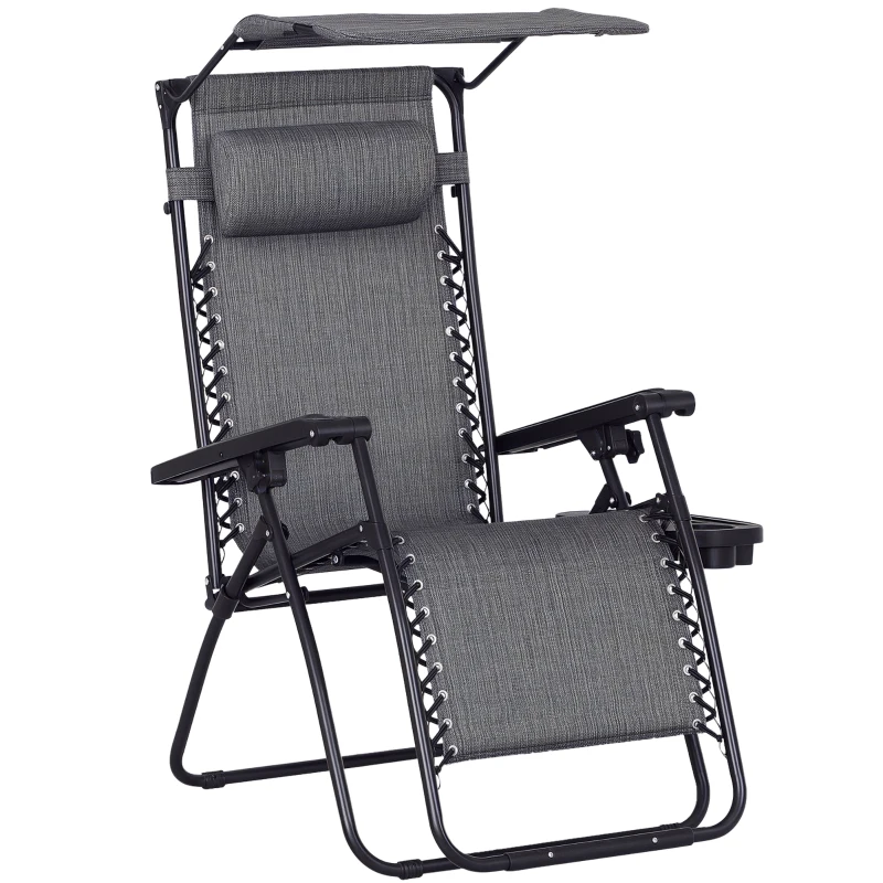 Outsunny Foldable Reclining Garden Chair with Headrest, Zero Gravity Deck Sun Lounger Seat with Footrest, Armrest, Cup Holder & Canopy Shade, Grey