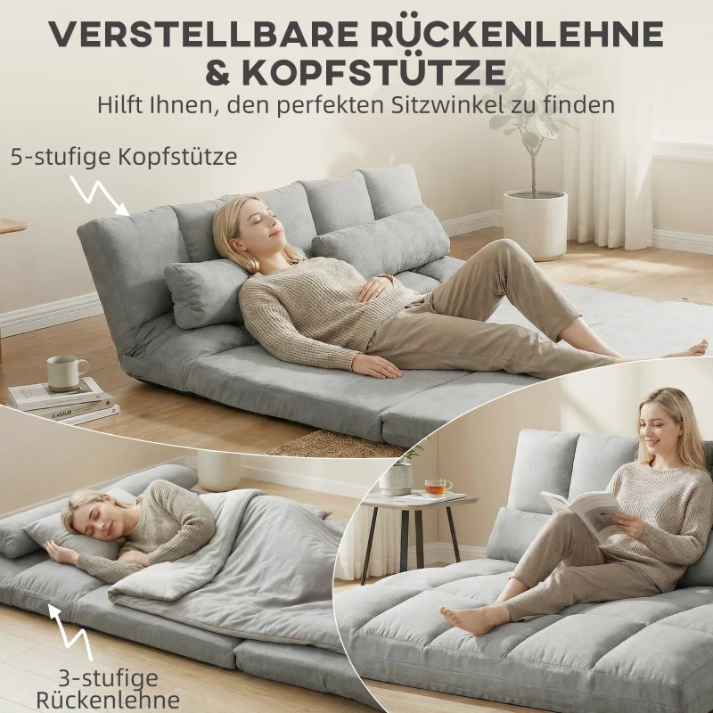 HOMCOM Bodensofa klappbar Schlafsofa mit 3-stuhfig verstellbar Rückenlehne Hellgrau