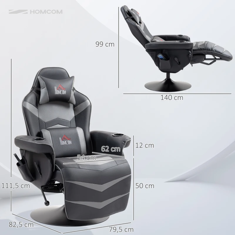 HOMCOM Gamingsessel, Massagefunktion, neigbare Lehne, Fußstütze, bis 120 kg, Stahlrahmen, Kunstleder, Grau(m-3)