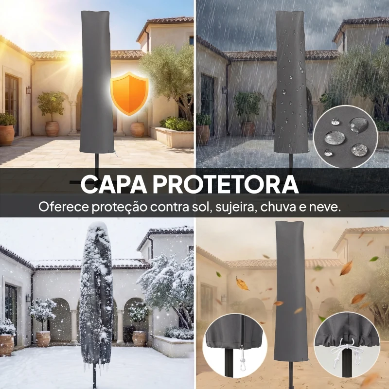 Outsunny Chapéu de Sol Excêntrico Ø300 cm com Base Cruzada Manivela Capa Protetora e Cordas de Vento Cáqui