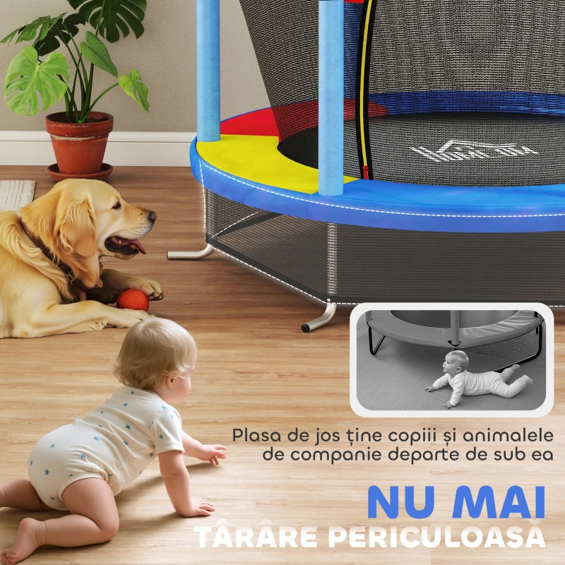 HOMCOM Saltea Elastică pentru Copii 3-6 Ani cu Plasă de Protecție, 6 Stâlpi și 3 Intrări, Ø140x190 cm, Multicolor