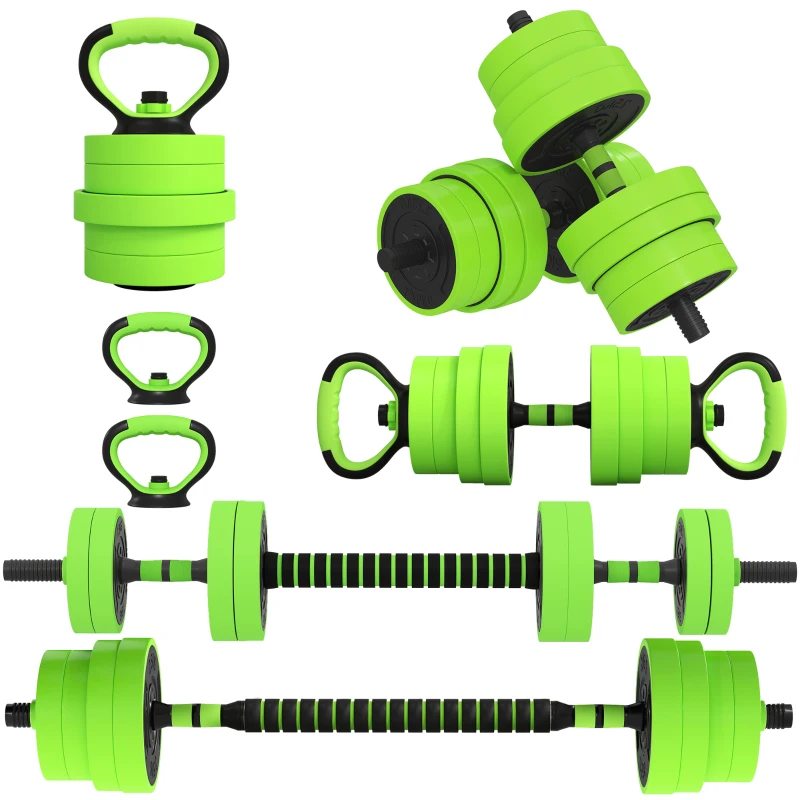 SPORTNOW 30kg 6-In-One Adjustable Weight Dumbbells Set, Barbell, Kettlebell, Push Up Stand - Green