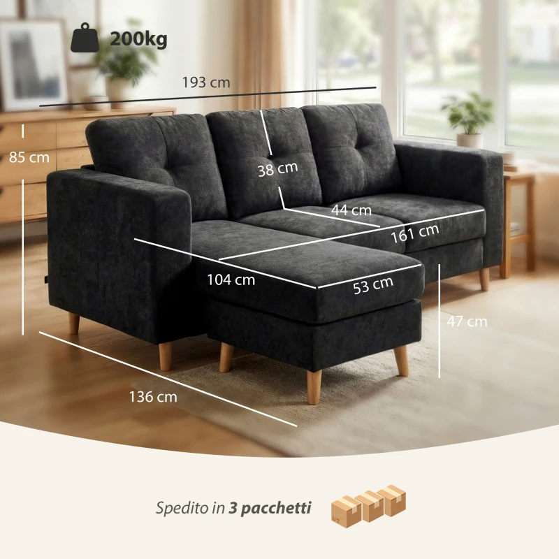 HOMCOM Divano 3 Posti ad Angolo con Penisola Reversibile e Cuscini, in Tessuto Effetto Lino, 193x136x85 cm, Nero