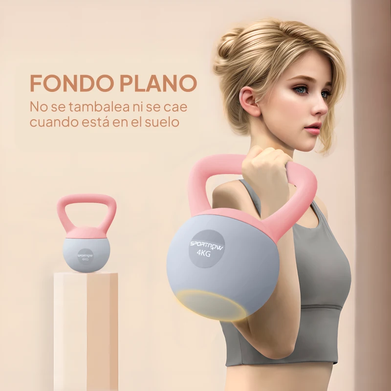 SPORTNOW Pesa Rusa 4 kg Kettlebell Relleno de Arena Metálica y Mango Antideslizante para Entreno en Casa 19x15x25 cm Rosa y Gris