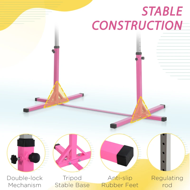 HOMCOM Height Adjustable Gymnastics Horizontal Bar For Kids Home Gym Training Children Junior Kip High Bar Fitness Pink