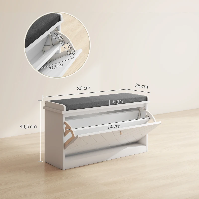 HOMCOM Banco Sapateira Moderno de Madeira com Prateleiras Ajustáveis e Almofada Acolchoada para 8 Pares de Sapatos 80x26x44,5 cm Branco