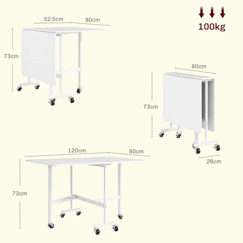 HOMCOM Mesa de Comedor Plegable para 4-6 Personas con Ruedas y Alas Abatibles Mesa Abatible para Cocina 120x80x73 cm Blanco