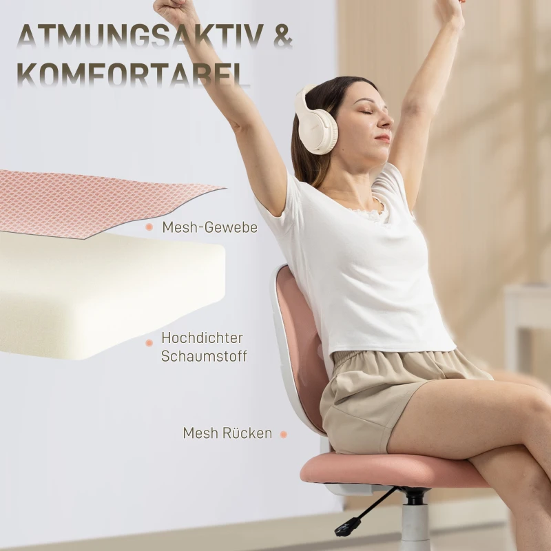 HOMCOM Bürostuhl Ergonomischer Schreibtischstuhl mit C-förmiger Rückenstütze, Höhenverstellbar Rosa
