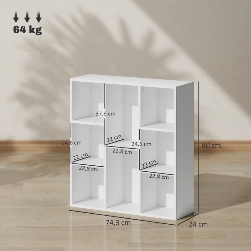 HOMCOM Bücherregal Aufbewahrungsregal 2 Ebenen 8 Fächer, für Wohnzimmer Schlafzimmer Büro, 74,3x24x80cm, weiß
