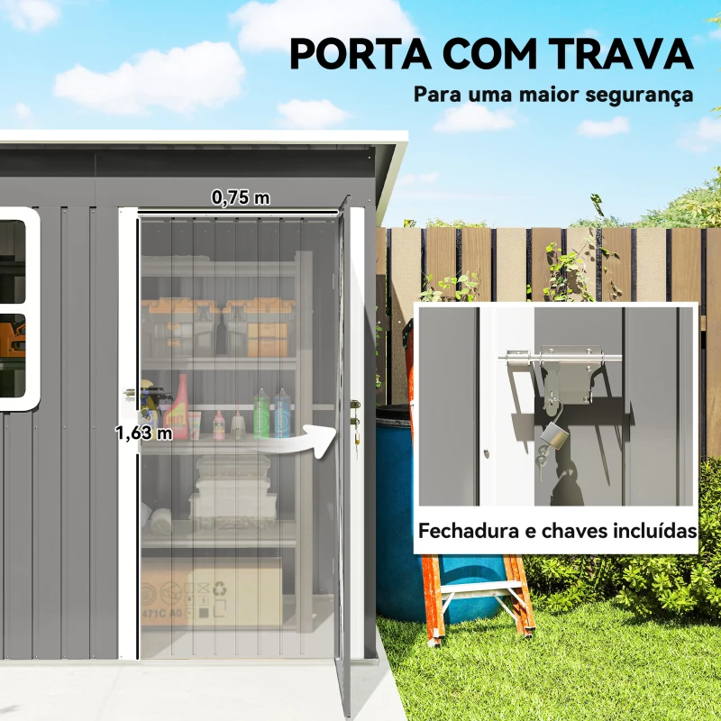 Outsunny Abrigo de Jardim Exterior 2,55 m² 221x133x190 cm com Janela Porta com Fechadura e Ventilações Cinzento Escuro