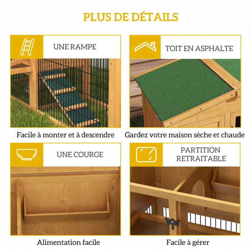 PawHut Clapier de sol cage à lapin niche supérieure avec rampe enclos extérieur porte verrouillable 150 x 52,5 x 68 cm jaune