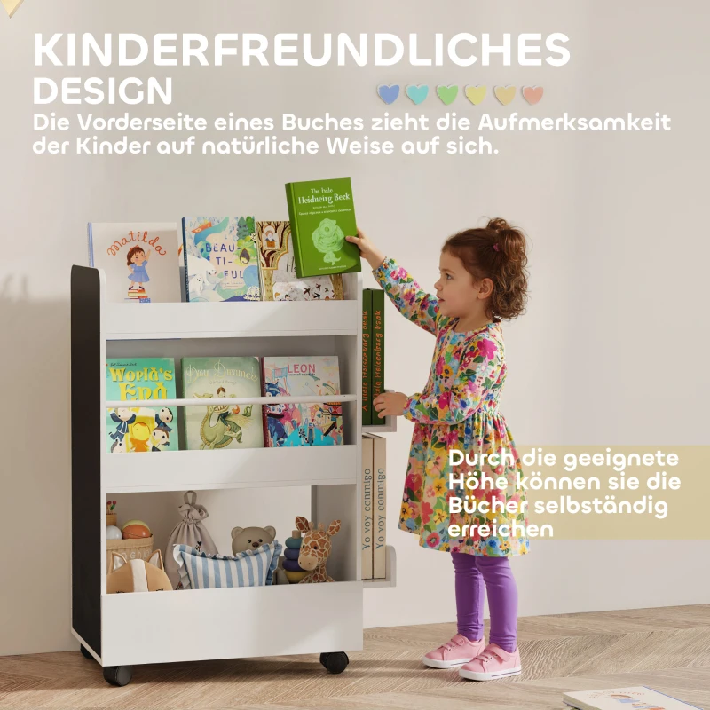 AIYAPLAY Kinder Bücherregal mit 4 Regalen, Bodenfach, 2 Seitenteile, Tafel, Rollen, für 3–8 Jahre, 66,5x32,5x86,5 cm Weiß