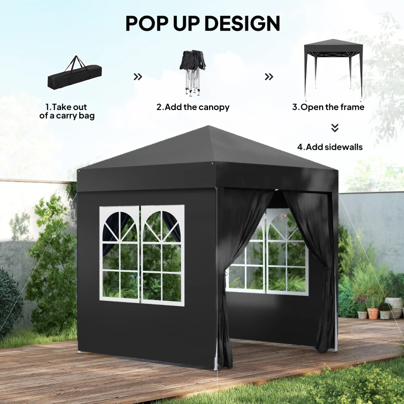 Outsunny 2 x 2 m Garden Pop Up Gazebo, Wedding Party Tent Marquee, Water Resistant Awning Canopy with Sidewalls, Windows, Carry Bag, Black(m-4)