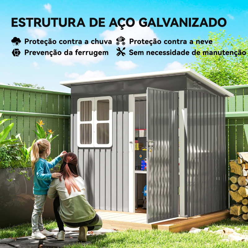 Outsunny Abrigo de Jardim Exterior 2,55 m² 221x133x190 cm com Janela Porta com Fechadura e Ventilações Cinzento Escuro