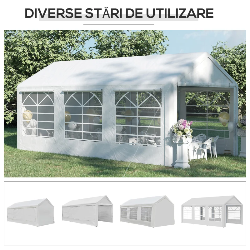 Outsunny Cort de Gradină cu Ferestre Laterale, Uși cu Balama și Copertină Anti UV, 600x300x280 cm, Alb
