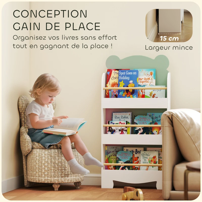 AIYAPLAY Bibliothèque pour enfant, rangement livre enfant 3 niveaux pour salle de jeux, chambre d'enfant, vert