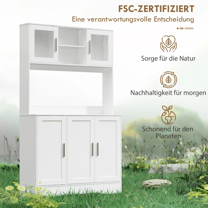 HOMCOM Küchenschrank, Skandinavisches Design, 4 Schränke, verstellbare Regale, Glastüren, offene Fläche, Spanplatte, MDF, Weiß(m-8)