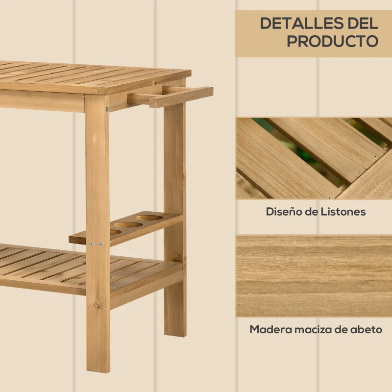 Outsunny Carrito de Madera para Exterior Carro de Servicio con Asa Lateral y 3 Porta botellas 95x47x74 cm Natural
